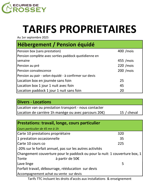 Tarifs propriétaires 2025/2026