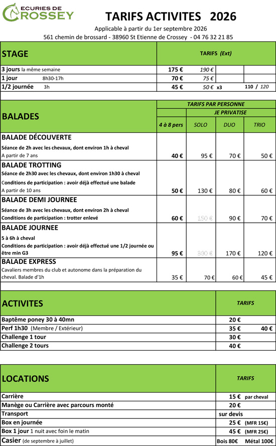 Tarifs 2026 Tarifs 2026